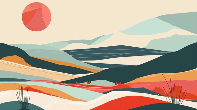 Vector abstract aesthetic mid century modern landscape