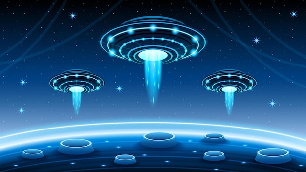 Abstract Aliens On Flying Saucers In Space Planet Background Gradient Unidentified Flying Object