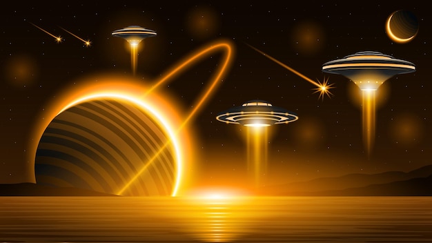 Abstract Aliens On Flying Saucers In Space Planet Background Gradient Unidentified Flying Object