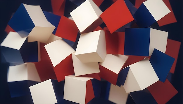 Abstract arrangement of red white and blue cubes floating in a dark space creating a sense of randomness and order