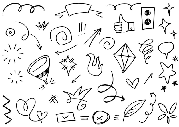 Abstract arrows ribbons crowns hearts explosions and other elements in hand drawn style for concept design Doodle illustration Vector template for decoration