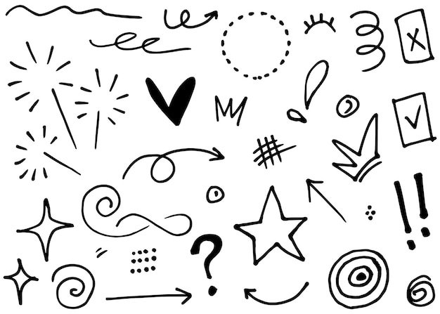 Abstract arrows ribbons crowns hearts explosions and other elements in hand drawn style for concept design Doodle illustration Vector template for decoration