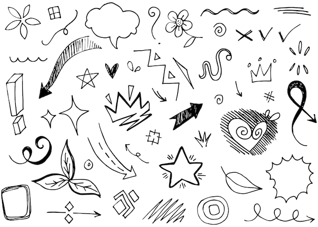 Abstract arrows ribbons crowns hearts explosions and other elements in hand drawn style for concept design Doodle illustration Vector template for decoration