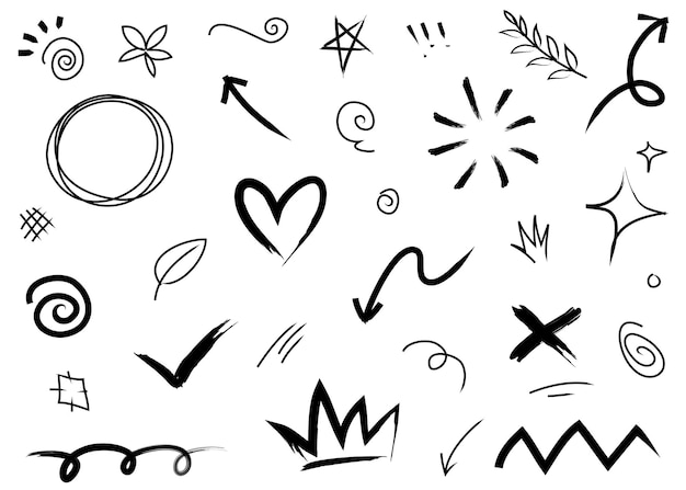 Abstract arrows ribbons crowns hearts explosions and other elements in hand drawn style for concept design Doodle illustration Vector template for decoration