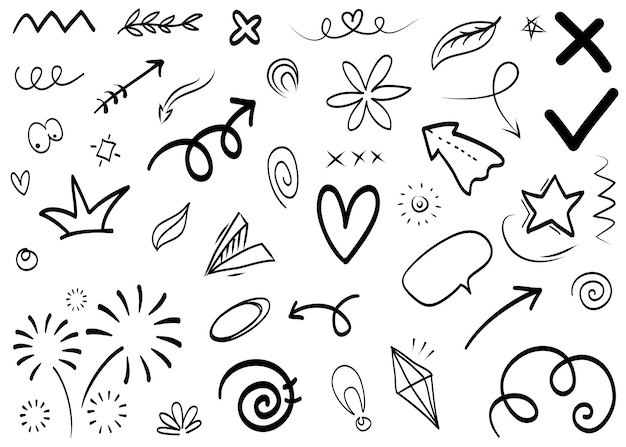 Abstract arrows ribbons crowns hearts explosions and other elements in hand drawn style for concept design Doodle illustration Vector template for decoration