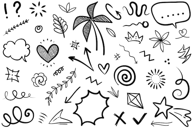 Abstract arrows ribbons crowns hearts explosions and other elements in hand drawn style for concept design Doodle illustration Vector template for decoration