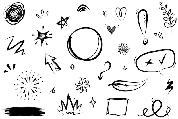 Abstract arrows ribbons fireworks hearts lightninglove leaf stars cone crowns and other elements in a hand drawn style for concept designs Scribble illustration