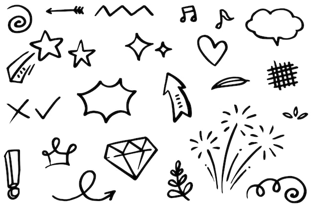 Abstract arrows ribbons fireworks hearts lightninglove leaf stars cone crowns and other elements in a hand drawn style for concept designs Scribble illustration