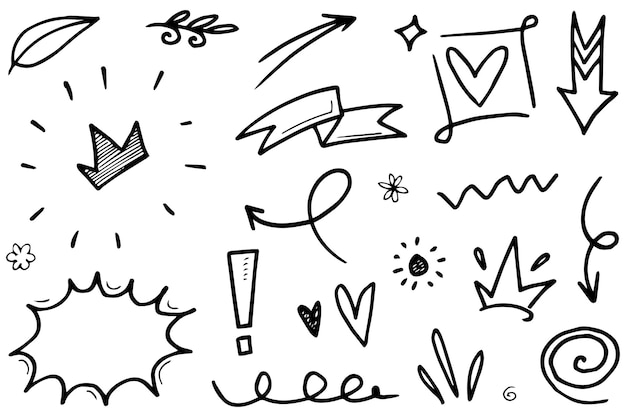 Abstract arrows ribbons fireworks hearts lightninglove leaf stars cone crowns and other elements in a hand drawn style for concept designs Scribble illustration