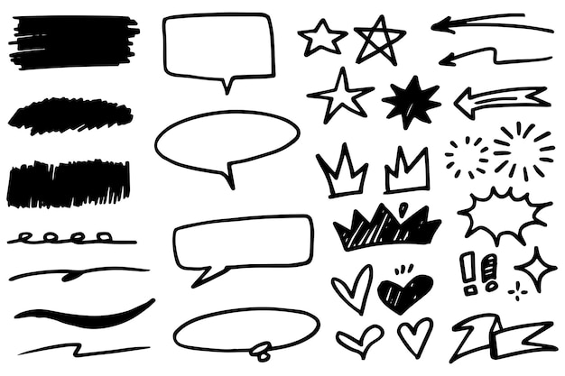 Abstract arrows ribbons fireworks hearts lightninglove leaf stars cone crowns and other elements in a hand drawn style for concept designs Scribble illustration