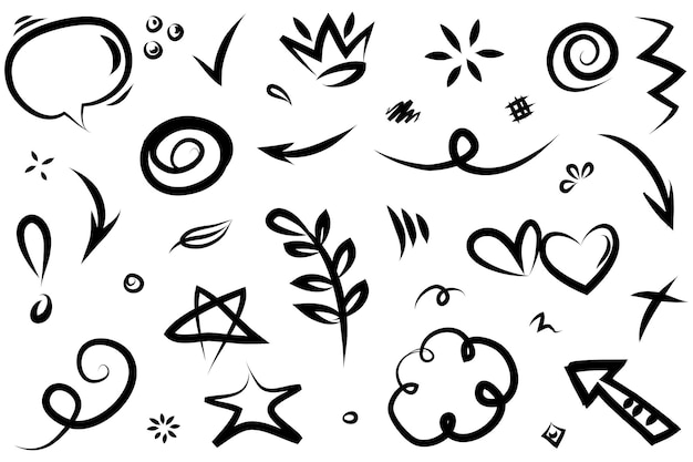 Abstract arrows ribbons fireworks hearts lightninglove leaf stars cone crowns and other elements in a hand drawn style for concept designs Scribble illustration