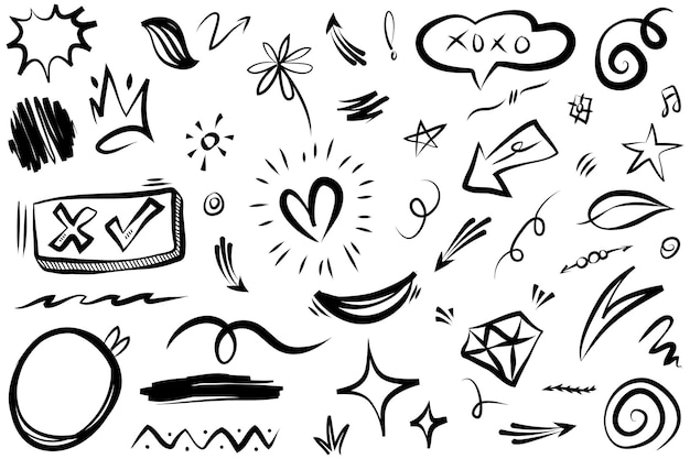 Abstract arrows ribbons fireworks hearts lightninglove leaf stars cone crowns and other elements in a hand drawn style for concept designs Scribble illustration