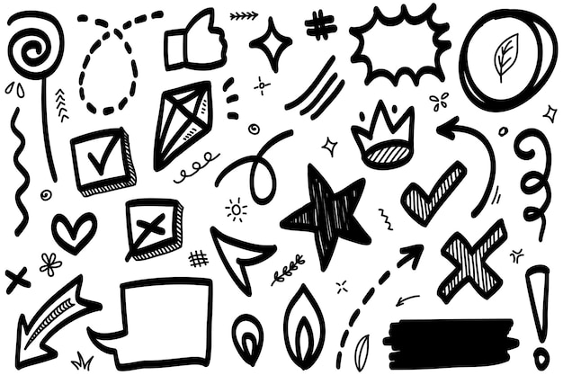 Abstract arrows ribbons fireworks hearts lightninglove leaf stars cone crowns and other elements in a hand drawn style for concept designs Scribble illustration