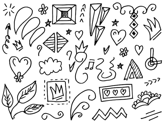 Abstract arrows ribbons hearts stars crowns and other elements in a hand drawn style for concept designs Scribble illustration Vector illustration