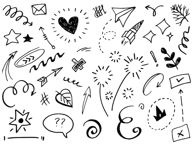 Abstract arrows ribbons hearts stars crowns and other elements in a hand drawn style for concept designs Scribble illustration Vector illustration