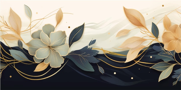 Abstract art background vector Luxury minimal style wallpaper with golden line art flower and botanical leaves Organic shapes Watercolor Vector background for banner poster Web and packaging