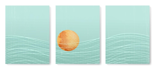 Abstract art background with waves lines and sun in modern style. Oriental and mid century designs for home decor and print