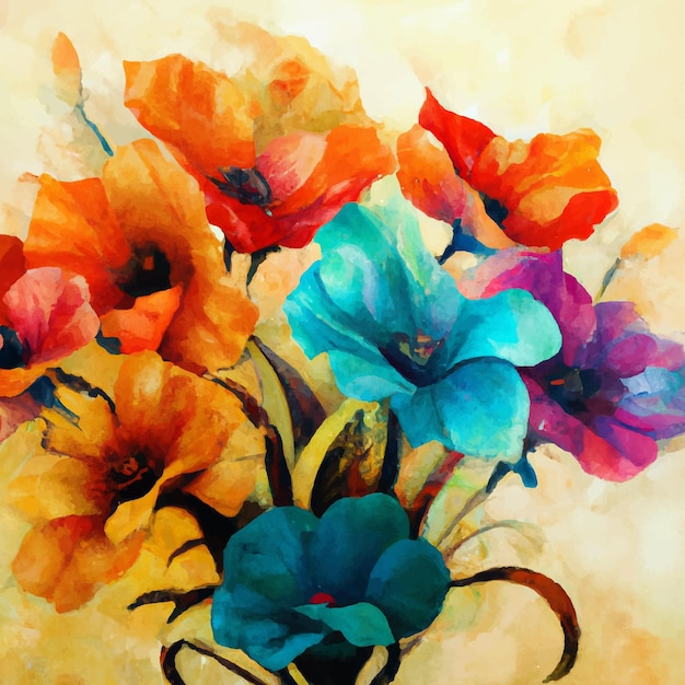 Abstract art colorful watercolor flowers painting