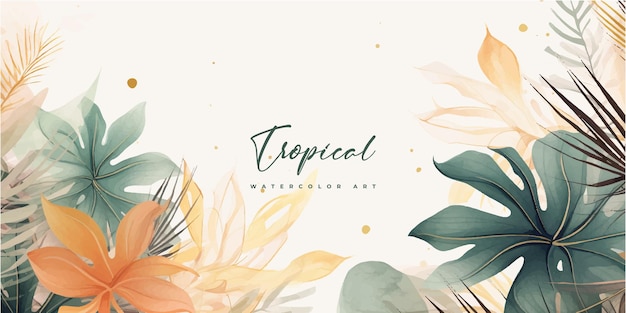 Abstract art gold tropical leaves background vector Luxury wallpaper with watercolor tropical leaf framed palm leaf flowerVivid foliage exotic green and gold brush glitter