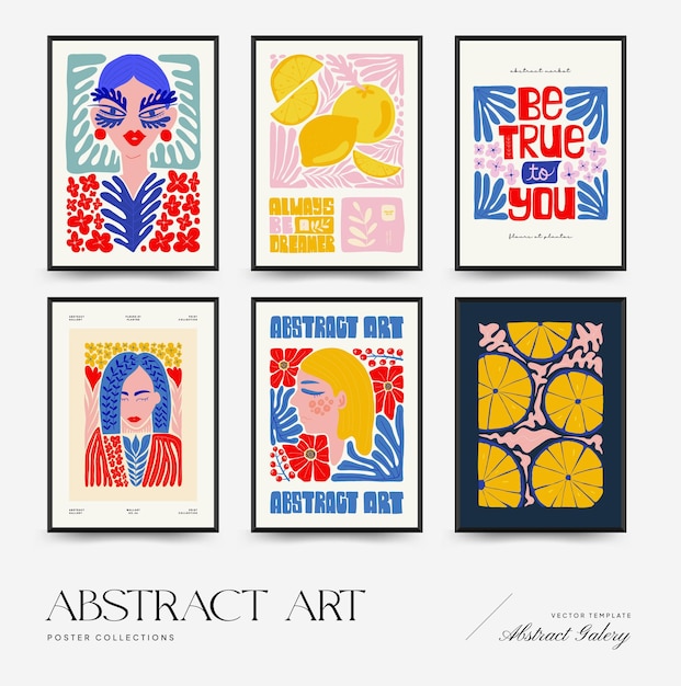 Abstract art posters template Modern trendy Matisse minimal style Pink blue yellow colors