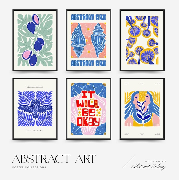 Abstract art posters template Modern trendy Matisse minimal style Pink blue yellow colors