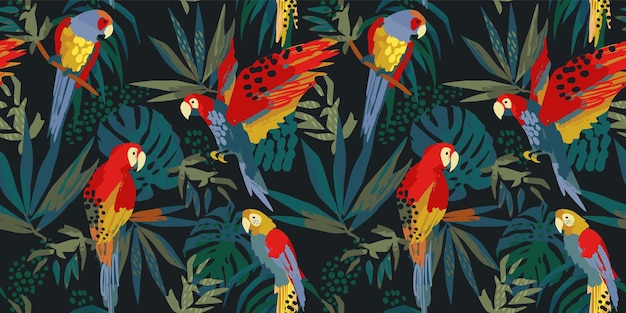 Abstract art seamless pattern with parrots and tropical leaves. Modern exotic design for paper, cover, fabric, interior decor and other