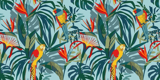 Abstract art seamless pattern with parrots and tropical plants Modern exotic design