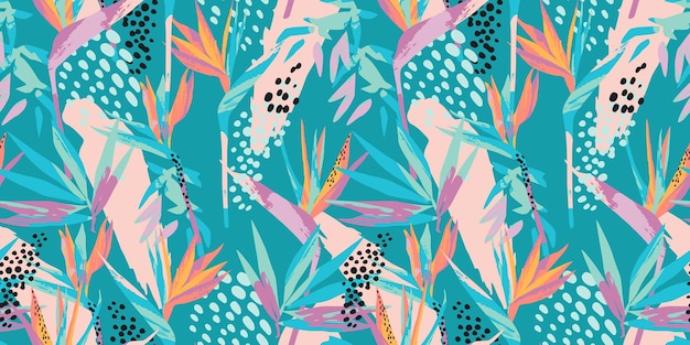 Abstract art seamless pattern with tropical leaves and flowers Modern exotic design