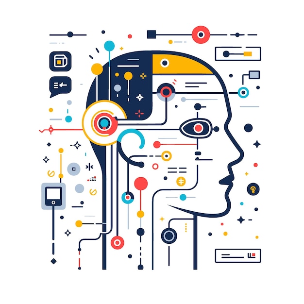 Vector abstract artificial intelligence concept with human head and various technological elements vector illustration