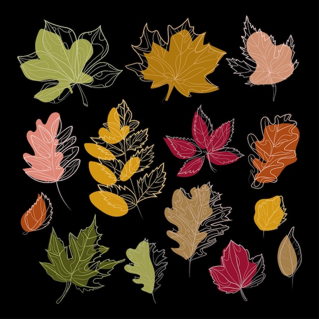 Abstract autumn leafing modern liner botanical set vector illustration on black . Colorful Foliage