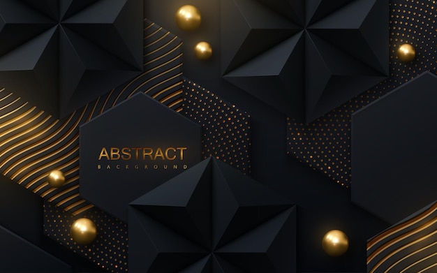 Abstract background of black hexagonal tiles textured with golden shiny patterns