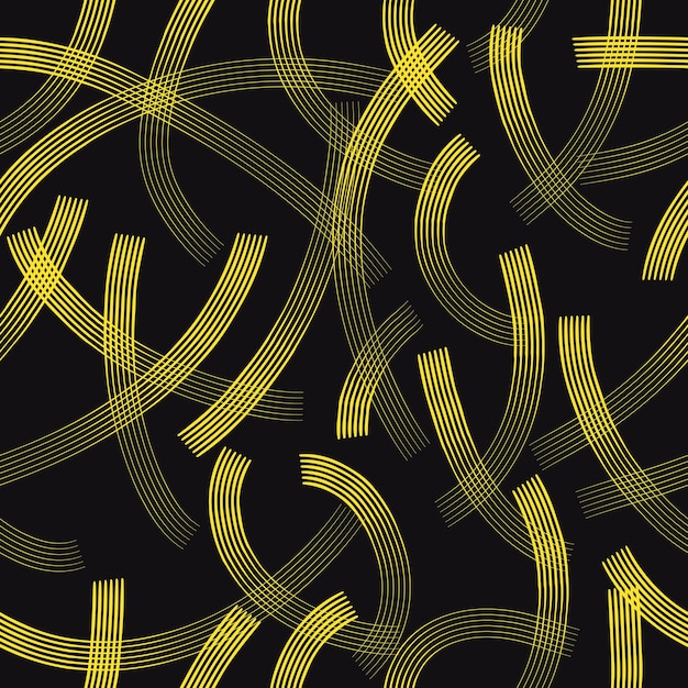 Abstract background chaotic lines seamless pattern yellow curved ribbons on black background vector background in modern style