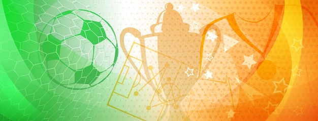 Abstract background on a football theme with big ball and other soccer symbols in national colors of Ireland