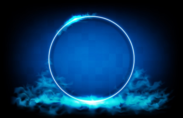 Abstract background of glowing blue neon circle shape with smoke