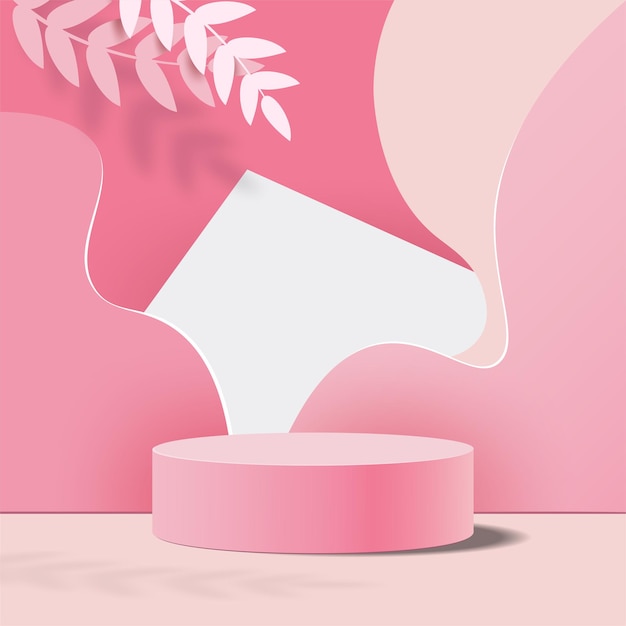 Abstract background, minimal  scene for product display with pastel pink podium and leaves.