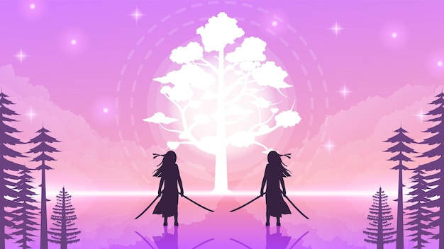 Abstract Background Ninja Warrior Clouds Person Light Bushes Silhouette Water People Vector Design