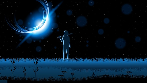 Vector abstract background ninja warrior moon person night silhouette bushes people vector design