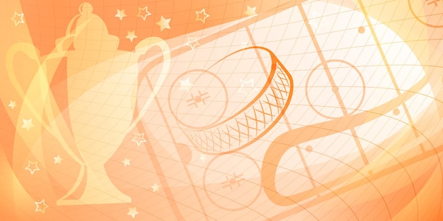 Abstract background in orange colors with different hockey symbols such as puck stick ice rink cup