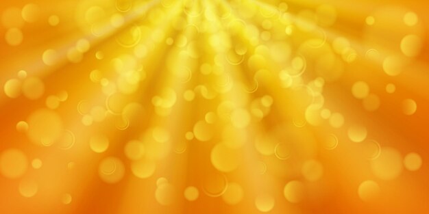 Abstract background in orange colors with diverging rays of light and small translucent circles with bokeh effect