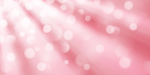 Abstract background in pink colors with diverging rays of light and small translucent circles with bokeh effect