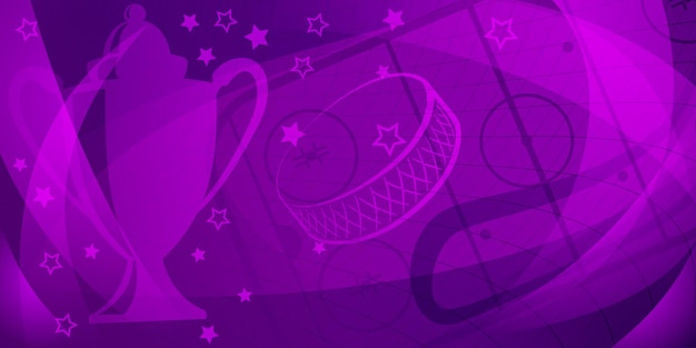 Abstract background in purple colors with different hockey symbols such as puck stick ice rink cup