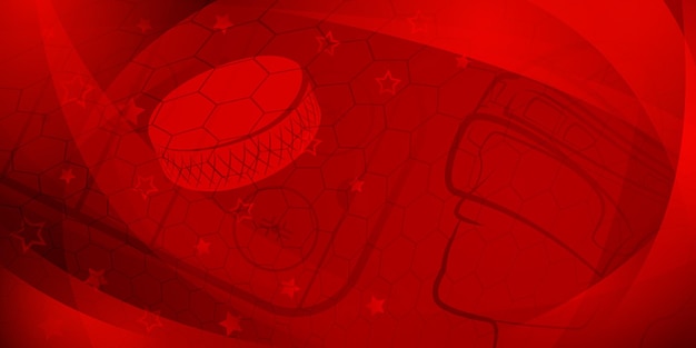 Abstract background in red colors with different hockey symbols such as puck stick helmet ice rink