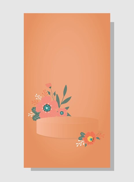 Vector abstract background in trendy color 2024 apricot crush with flowers and stand podium pedestal