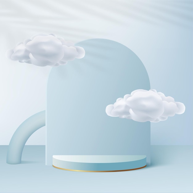 Abstract background with blue color geometric 3d podiums and clouds. Vector illustration