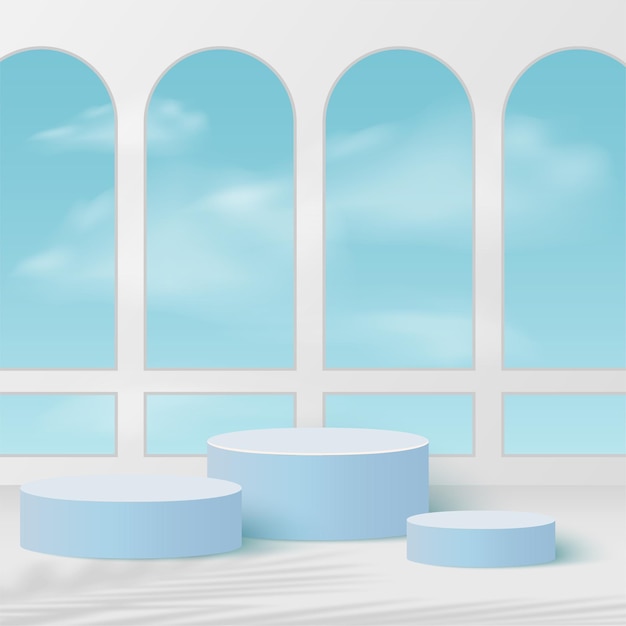 Abstract background with blue color geometric 3d podiums. Vector illustration.