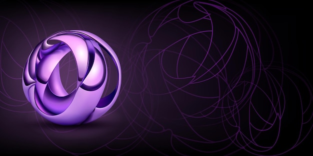 Abstract background with a figure made of purple plates curved and intertwined in the form of a sphere and a outlines of geometric shapes on a dark background