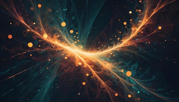 Abstract background with flowing streaks of orange and teal light dotted with particles resembling a cosmic event