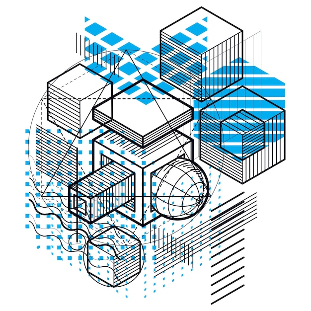 Abstract background with isometric lines, vector illustration. Template made with cubes, hexagons, squares, rectangles and different abstract elements.