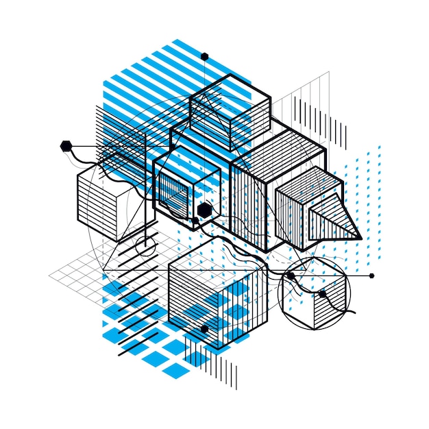 Abstract background with isometric lines, vector illustration. Template made with cubes, hexagons, squares, rectangles and different abstract elements.