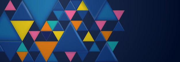 Abstract background with large and small colored triangular shapes on dark blue